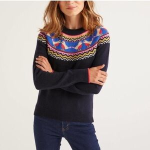 Boden Fair Isle Bird Themed Wool Crewneck Sweater Small Navy Blue